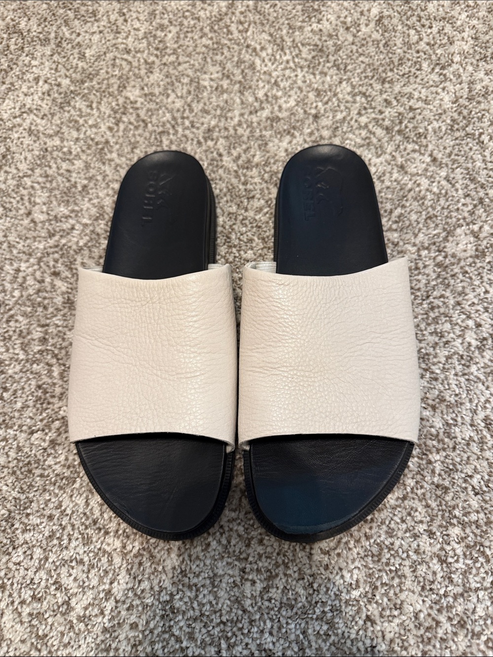 Sorel Cream and Black Wide-Band Slide Sandals